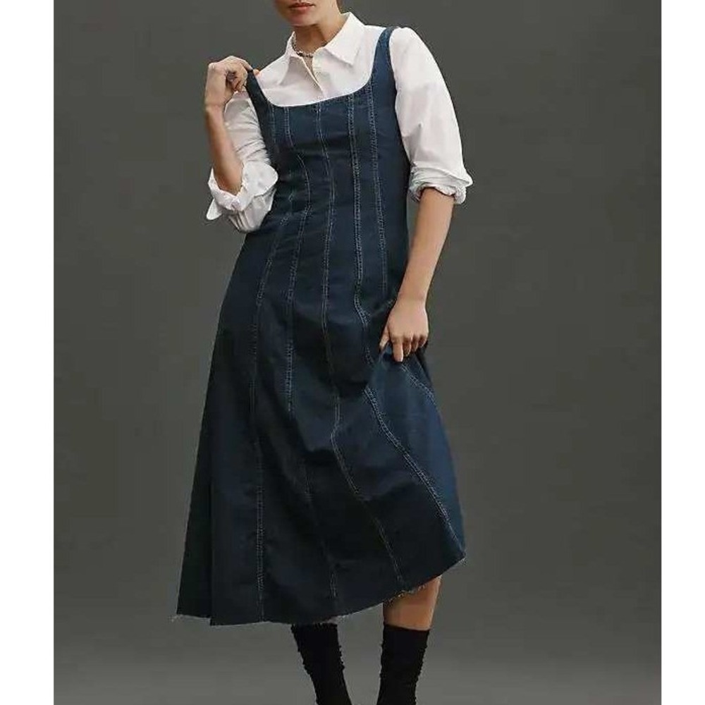 Reformation Amory Denim Midi Dress 10 Blue Dark Wash Sustainable Cottagecore - Picture 4 of 14